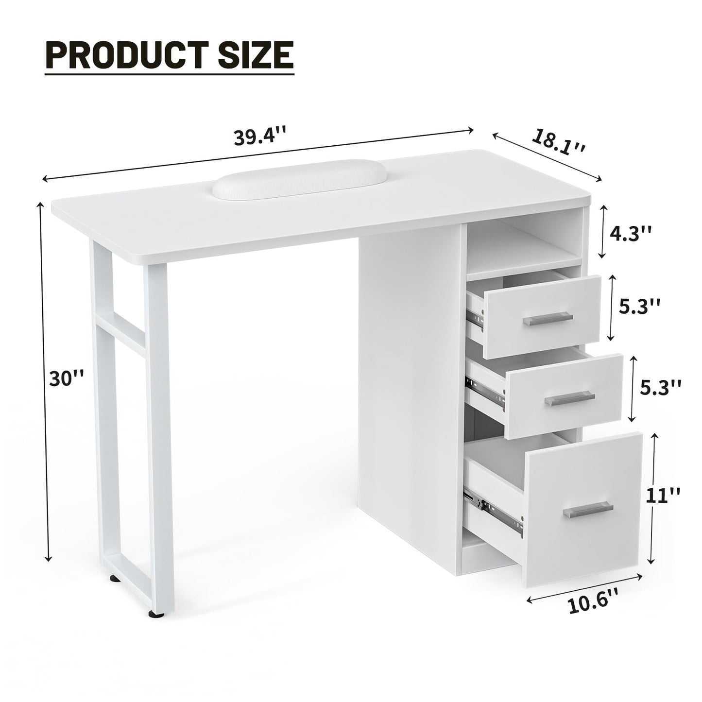 DeerDean Manicure Table Nail Desk Acetone Resistant White Nail Tech Table w/Wrist Cushion, Drawers & Cabinets