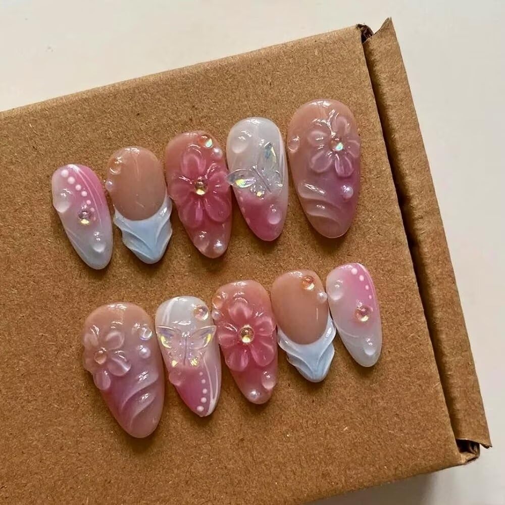 Press On Almond Nails - Handmade 3D Design, Thick Acrylic Gel | Reusable DIY Artificial Nails for Women (10 Pieces)