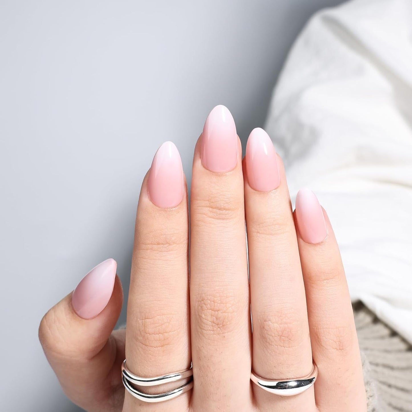 French Tip Press On Nails - Glossy Pink Almond Reusable Fake Nails | 32 Pieces in 16 Sizes with Glue