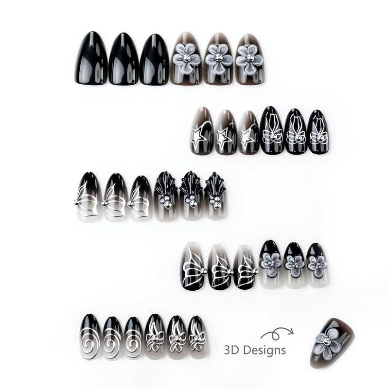 Black Press-On Nails - 30pcs Short Almond Design with 3D Flowers & Pearls | Gradient French Tips for Women