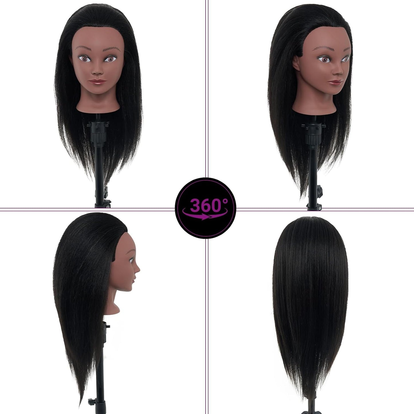 Real Hair Mannequin Head - 18" Human Hair Cosmetology Training Doll for Styling, Dying & Braiding | Black