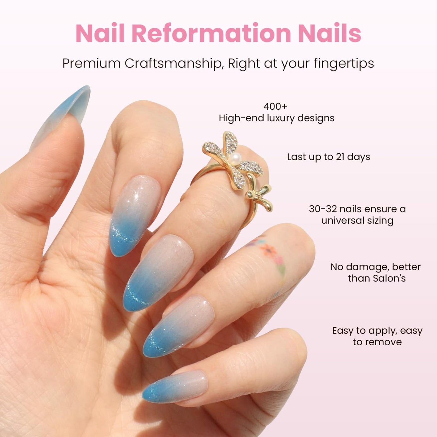 Ombre Blue Velvet Shimmer Press-On Nails | Medium Almond Glitter French Tips - 30 Nail Kit with Glue, Reusable in 15 Sizes