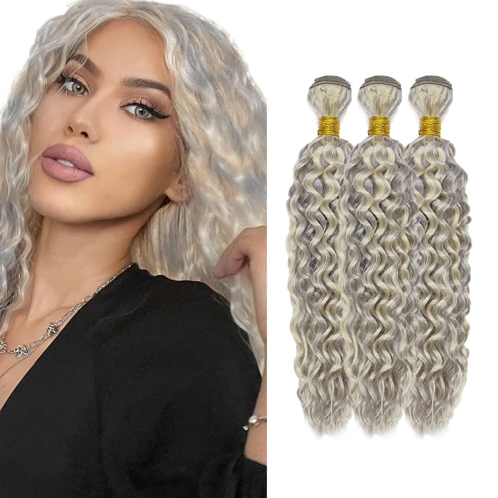 HuxoWax Gray Human Hair Bundles Gray/613 Water Wave Bundle Highlight Wet and Wavy Human Hair 3 Bundles 18 20 22 Inch Double Weft Blonde Bundle Hair Weave