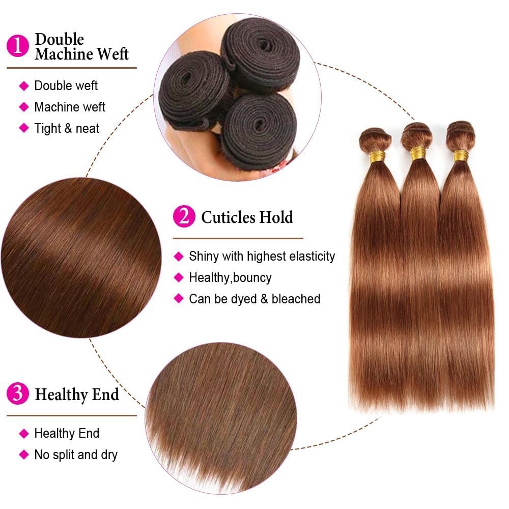 DiexrLamx Hair 24 26 28 Inch Color #30 Bundles Human Hair Brown Straight Human Hair Bundles Brazilian Virgin Hair 3 Bundles Light Brown Bundle Hair Weave
