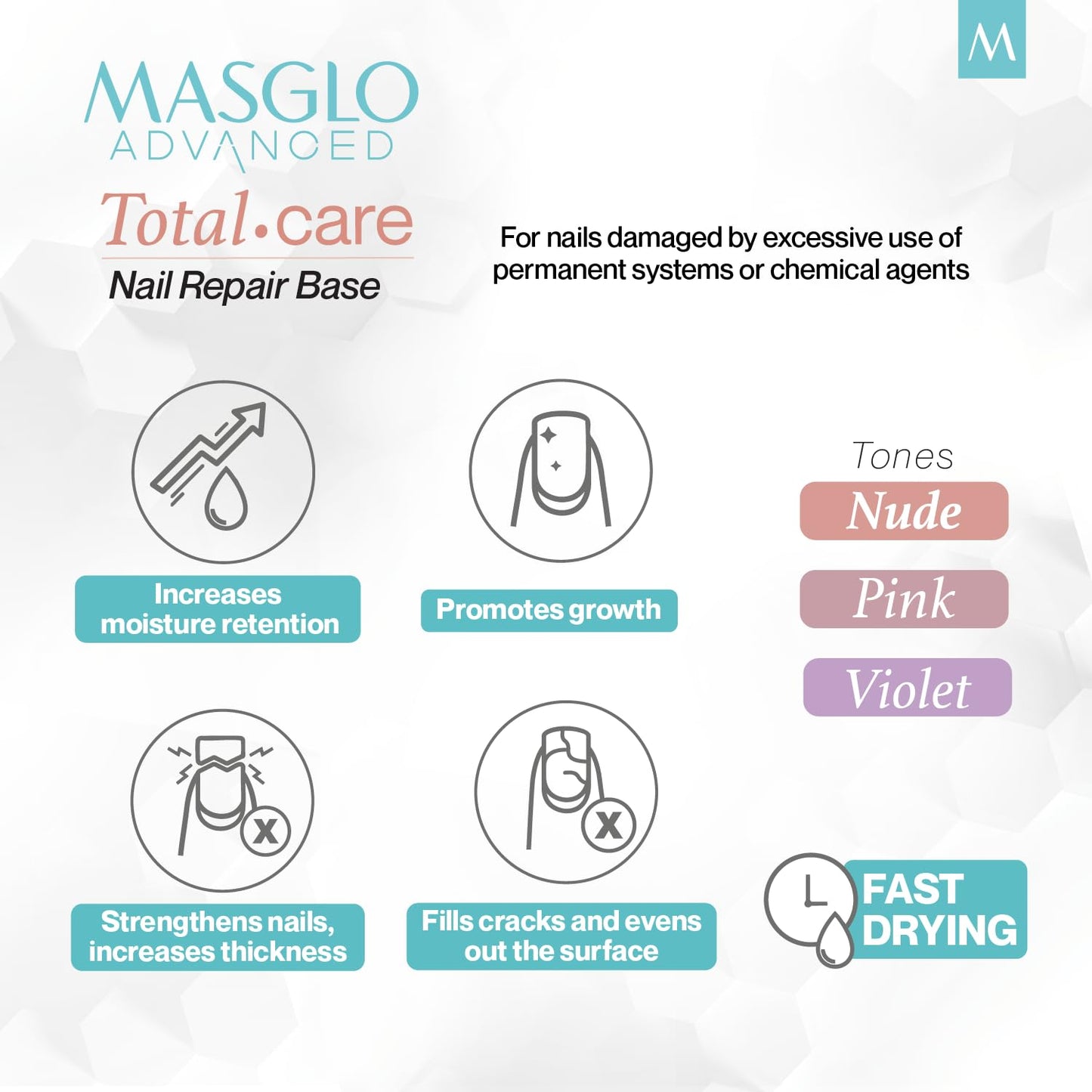 MASGLO Nail Strengthener - Advanced Post Gel Damage Recovery Treatment with Tea Tree Oil & Vitamins | 13-Free Vegan, Fast-Dry, Nude Tone