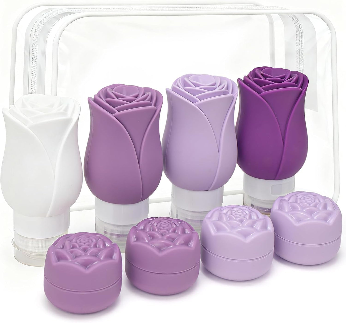 Travel Toiletry Containers - 4 Pack Leakproof 3oz Bottles & Mini Jars | BPA-Free Silicone Squeeze Tubes in Purple Rose