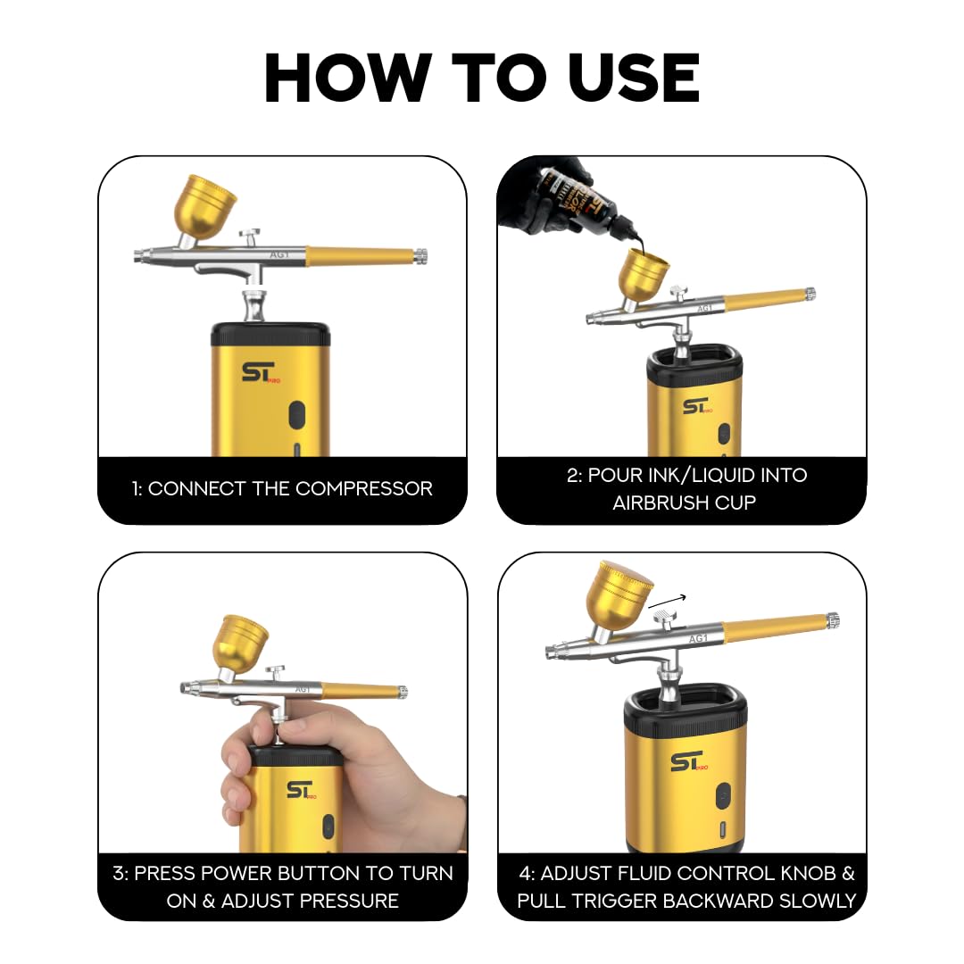Supreme Trimmer Barber Airbrush Kit Cordless Hair and Beard Enhancement System with Ink Cleaning Solution 2 Style Triggers for Thinning Hair Natural Texture Fuller Looking Hair - AG1 (Gold)