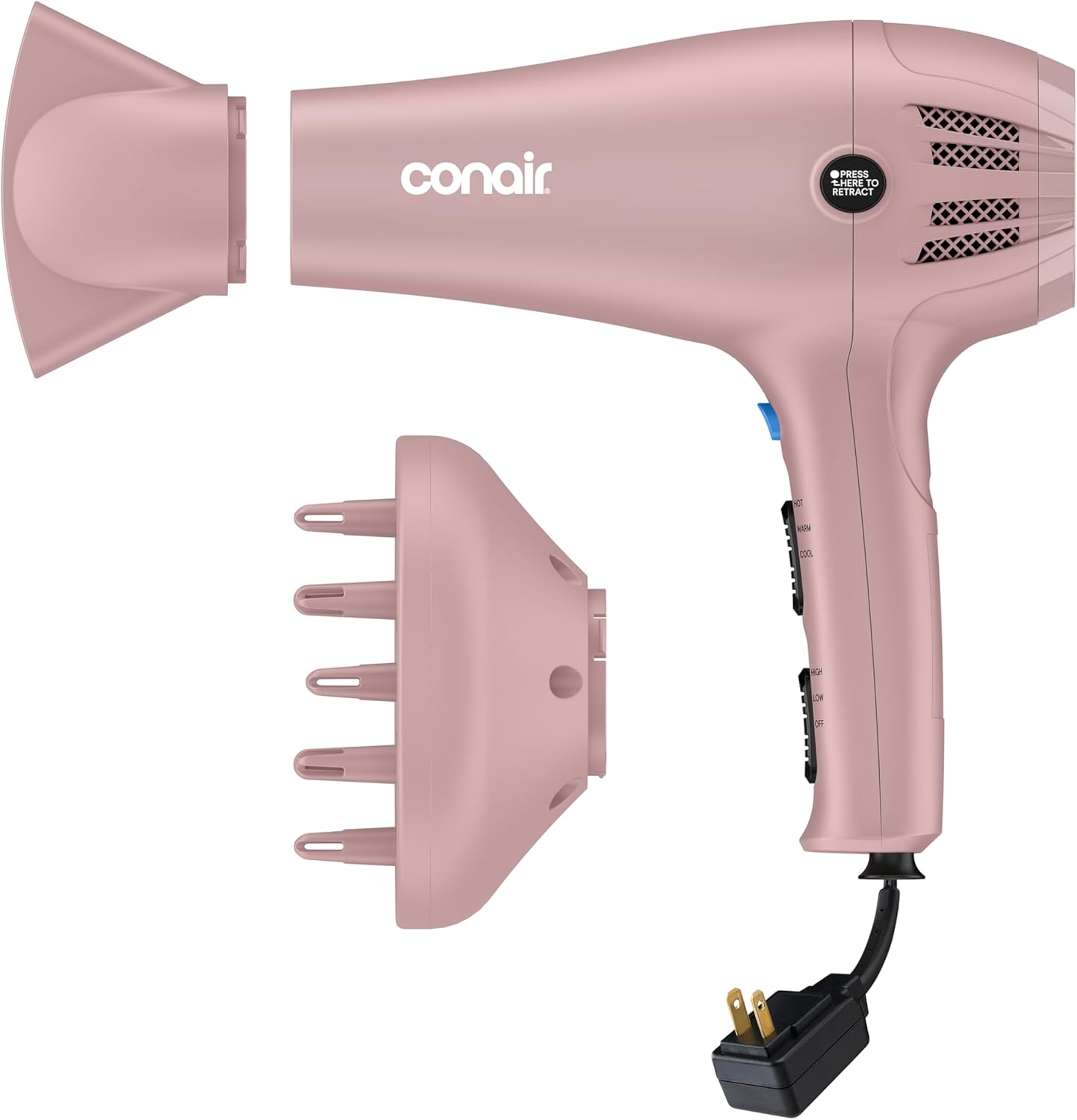 Conair Hair Dryer - 1875W Ionic Blow Dryer with Retractable Cord & Diffuser | Matte Light Pink, 3 Heat Settings
