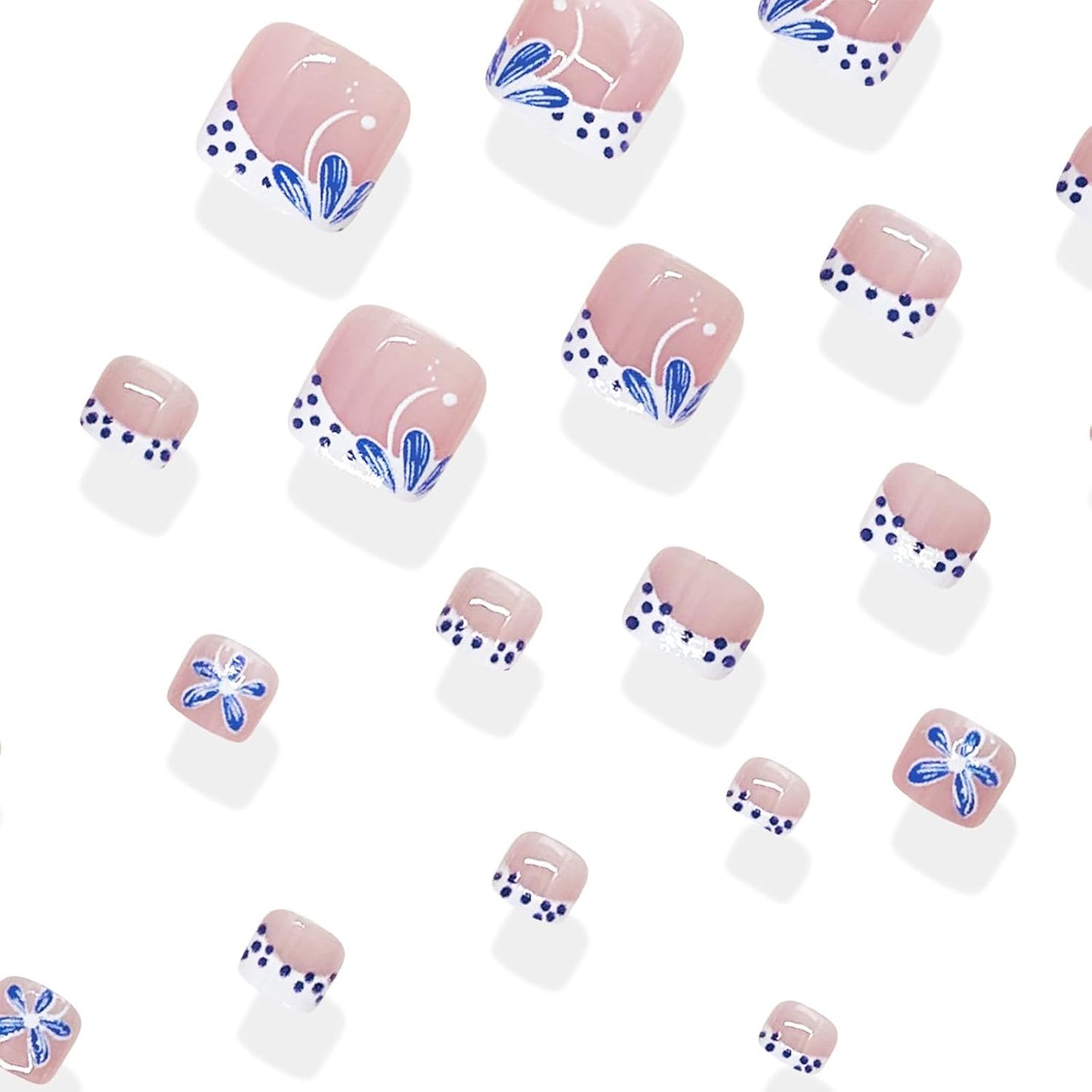 Polka Dot Press-On Toenails - Short Square Acrylic Fake Nails with Blue Flower Design | 24 Pcs for Summer Manicure