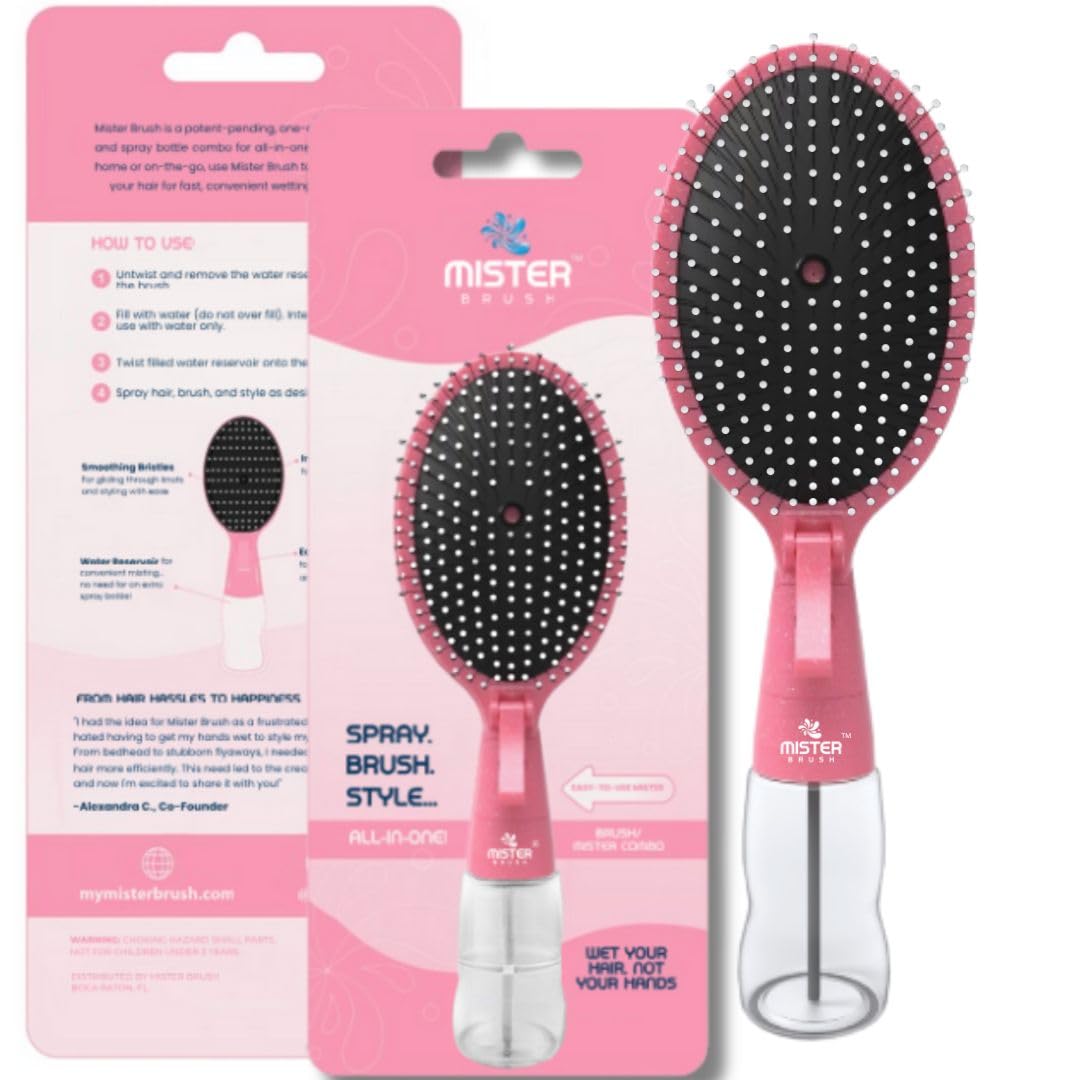 Mister Brush 2-in-1 Hairbrush with Water Reservoir - Innovative Mist & Brushing Tool for Wet & Dry Hair | No-Tangle Bristles, Easy to Use (Pink)