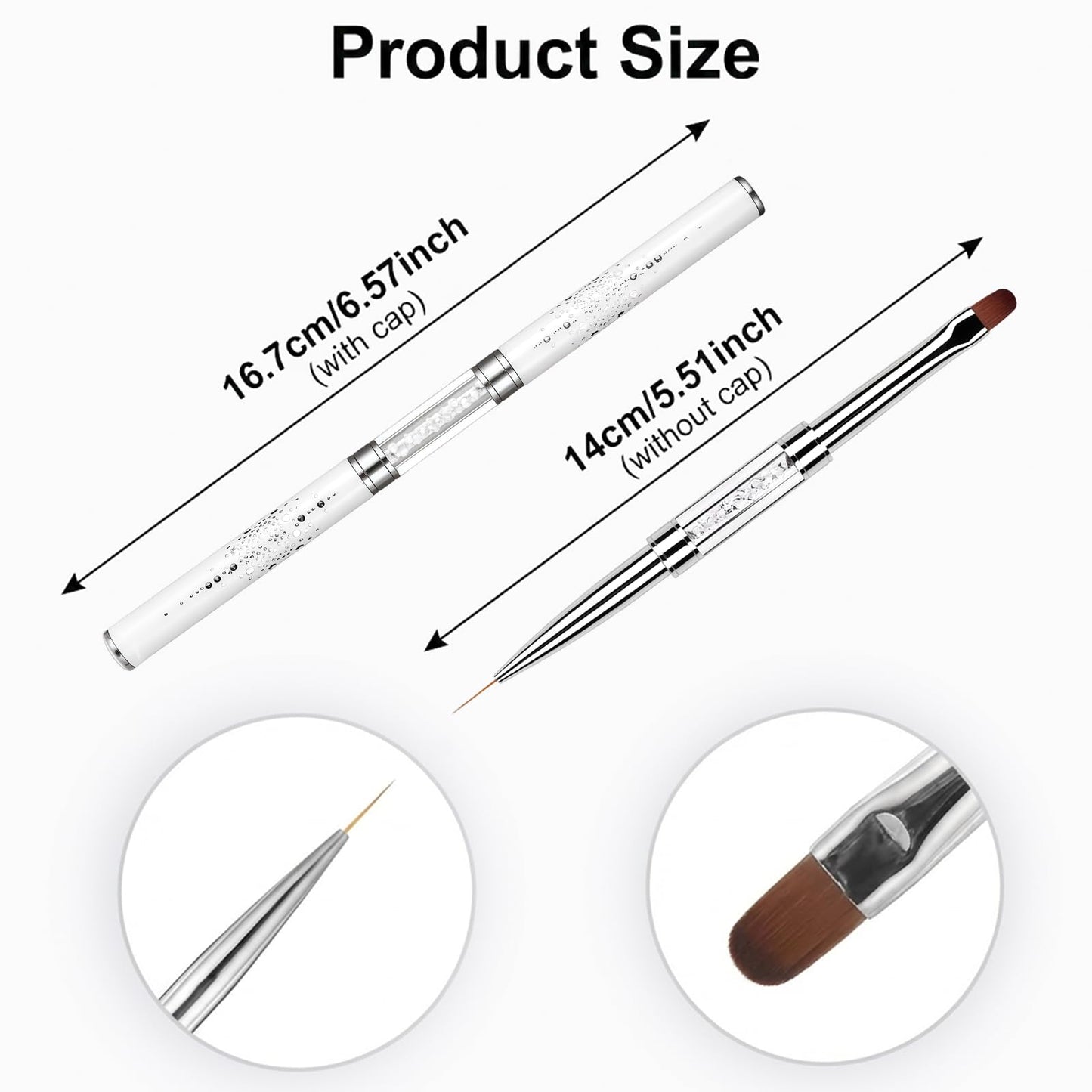 2Pcs Professional Hard Gel Nail Brushes, Dual-Ended Builder Gel Brush Set with Rhinestone Handle, Oval & Liner Brushes for French Tip, Acrylic & Polygel Application