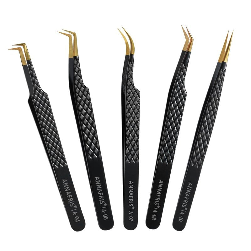 ANNAFRIS Lash Tweezers for Eyelash Extensions,Precision Fiber Tip for Volume Eyelash Extensions,Lash Extension Tweezers for Easy Application and Removal-A04+05+07+08+10