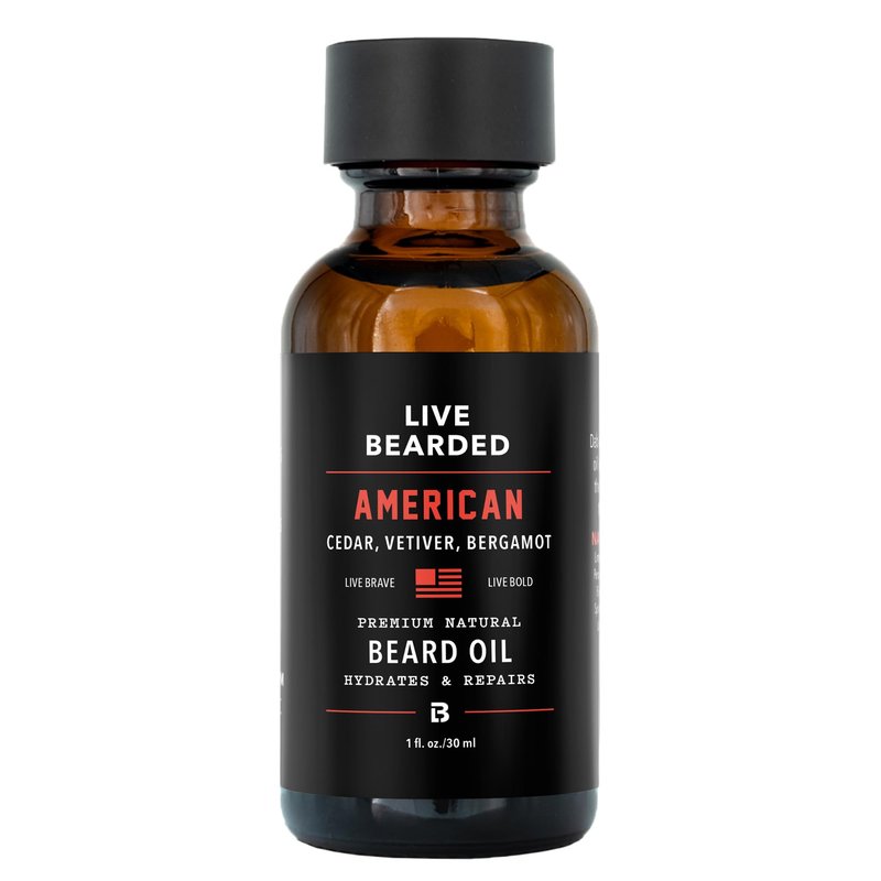 Live Bearded Beard Oil, 1 fl oz - Premium All-Natural Jojoba - Made in the USA - Hair and Skin Care for Men with Dry, Flaky Patches | American Scent - Cedar, Vetiver, Bergamot
