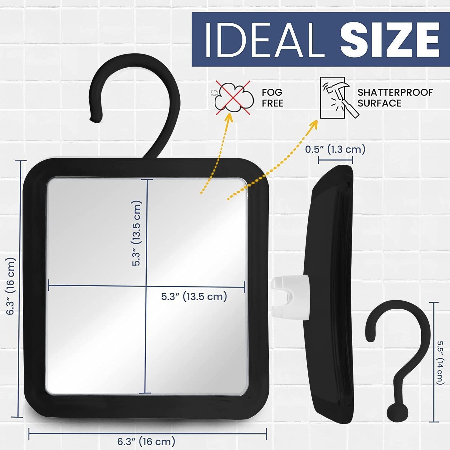 Hanging Fogless Shower Mirror for Shaving - 360° Rotatable, Anti-Fog, Shatterproof | 6.3" x 6.3" - Black
