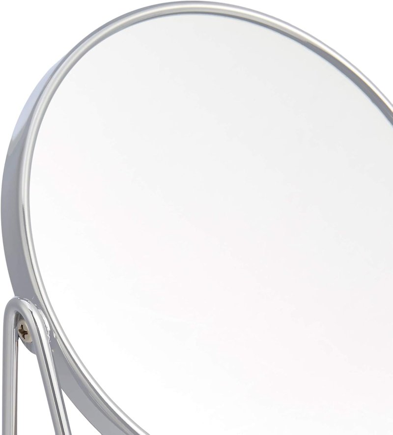Round Tabletop Vanity Mirror - 360° Rotation, Double-Sided 1x/5x Magnification | Chrome Finish with Bamboo Tray, 7.2”L x 3.35”W
