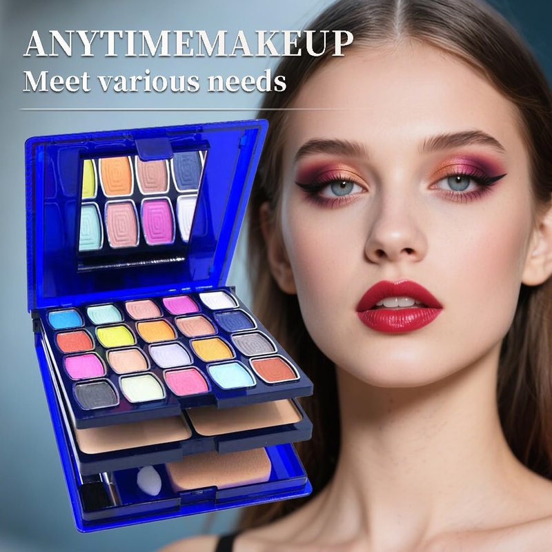 20 Color Eyeshadow Palette & Lipstick Blusher Set - Full Face Makeup Kit with Mirror, Brushes & Sponge