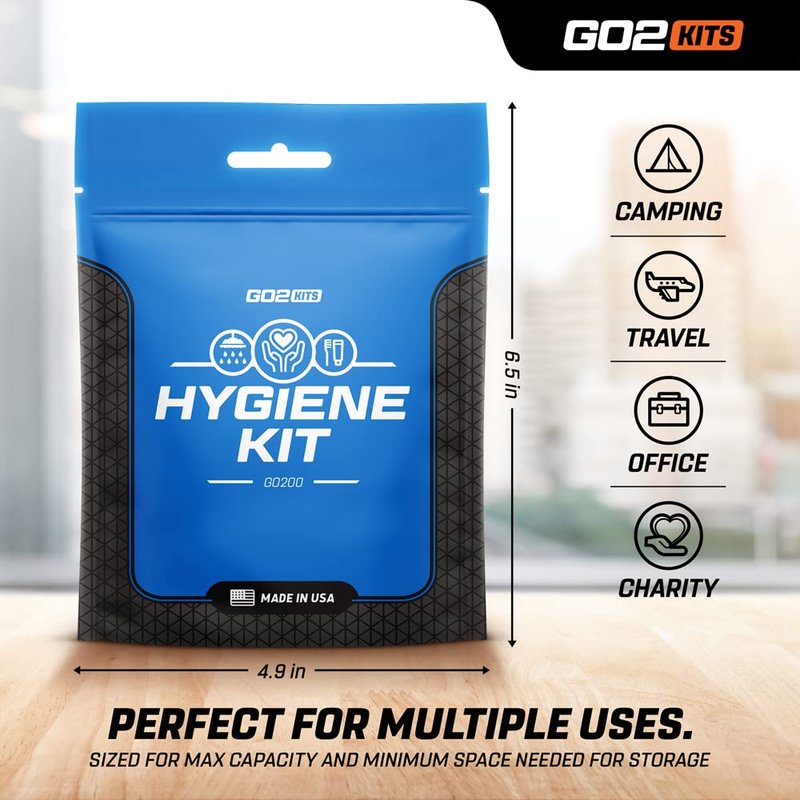 Go2Kits Travel Toiletry Kit, Hygiene Kit with Shaving Supplies for Travel, Business & Charity with Reusable Toothbrush, Bath Soap & Other Essential Toiletries, 3-Pack (GO300)