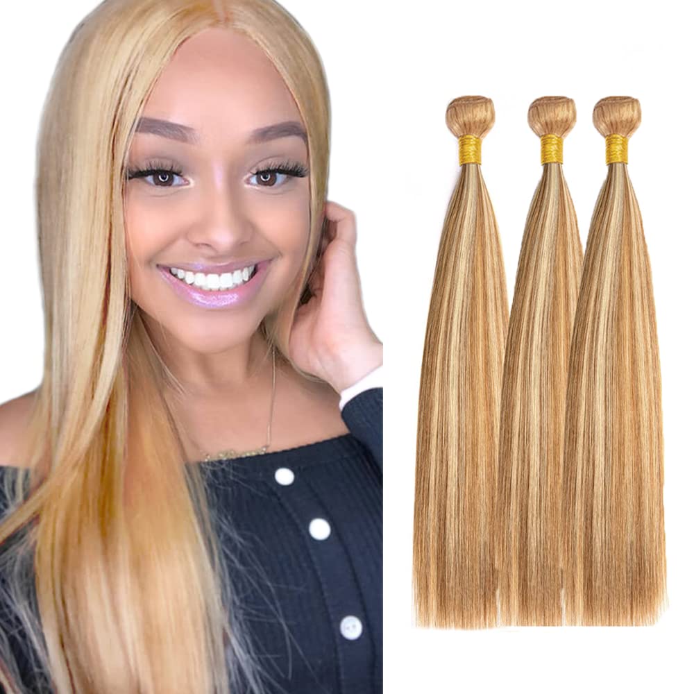 Honey Blonde Bundles Human Hair Straight Bundles 18 20 22 Inch P27/613 Highlight Blonde Straight Bundle Unprocessed Brazilian Virgin Weave Hair 3 Bundle 50 Gram Per Bundle