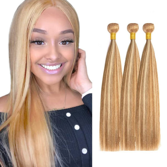 Honey Blonde Bundles Human Hair Straight Bundles 18 20 22 Inch P27/613 Highlight Blonde Straight Bundle Unprocessed Brazilian Virgin Weave Hair 3 Bundle 50 Gram Per Bundle