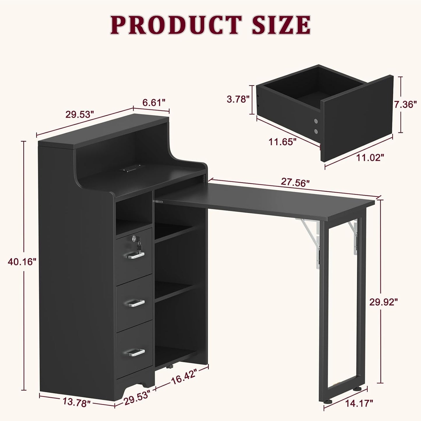 Foldable Nail Desk - L Shape Manicure Table with Cabinet Drawer & Charging Station | Portable Black Beauty Salon Workstation