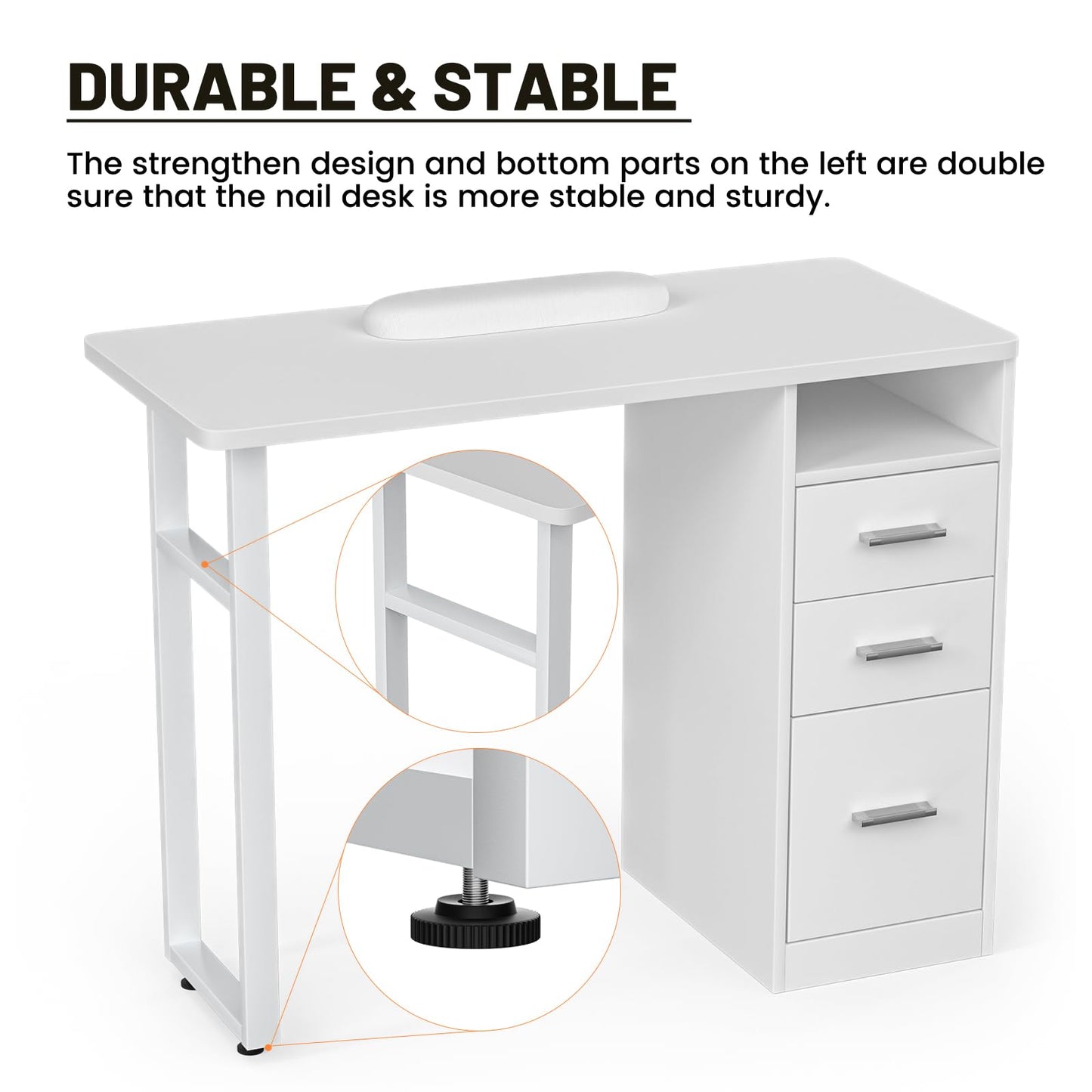 DeerDean Manicure Table Nail Desk Acetone Resistant White Nail Tech Table w/Wrist Cushion, Drawers & Cabinets