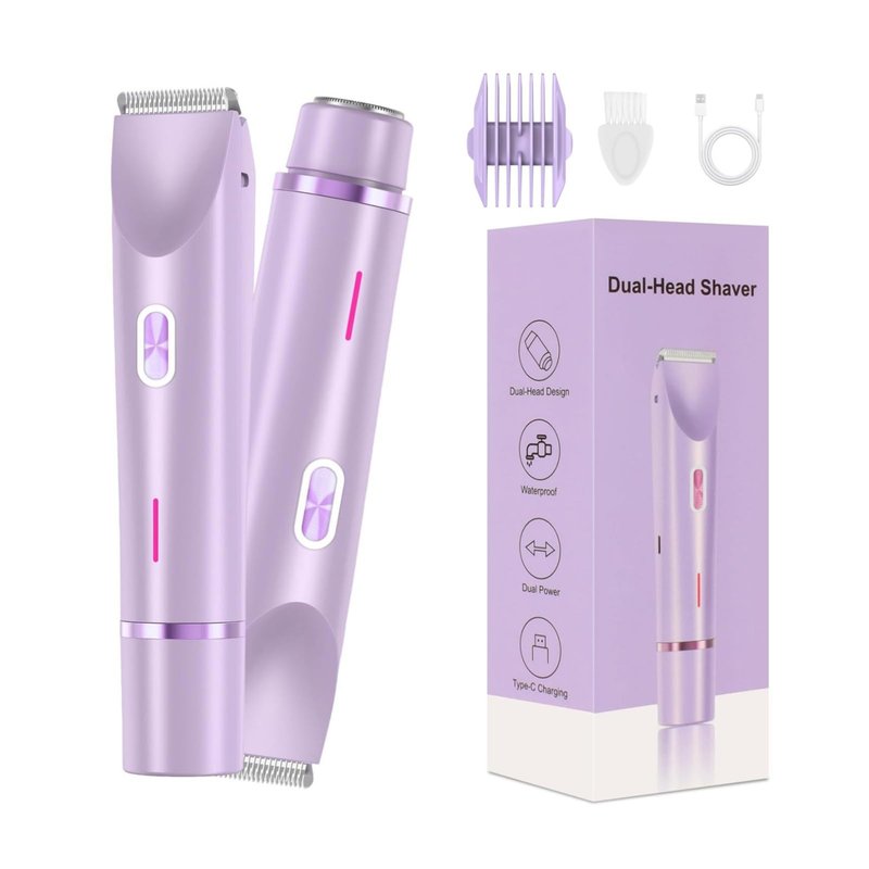 Bikini Trimmer for Women,2 in 1 Dual Head Bikini Shaver & Body Shaver,Cordless & Waterproof Electric Bikini Trimmer for Women, Painless Hair Removal with Silky Glow Finish,Purple9