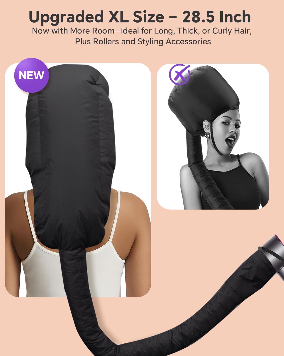 Boloye Hair Dryer Bonnet Attachment – 28.5" XL Hooded Dryer Cap for Faster Drying & Deep Conditioning, Extra-Large Space Fits Thick, Curly Hair & Styling Tools (Black, Extra Large)