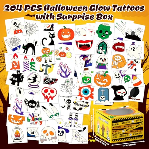 204 Luminous Halloween Tattoos for Kids with Mystery Prize Box