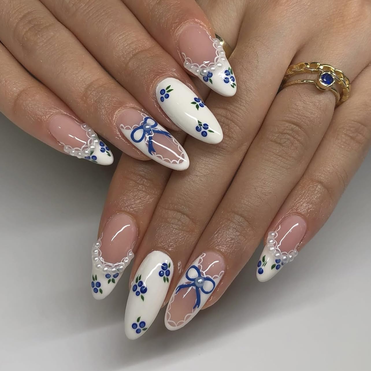 Red French Tip Press-On Nails - Almond Shape with 3D Crystal Designs | 24 Pcs Reusable Nail Kit for Manicure