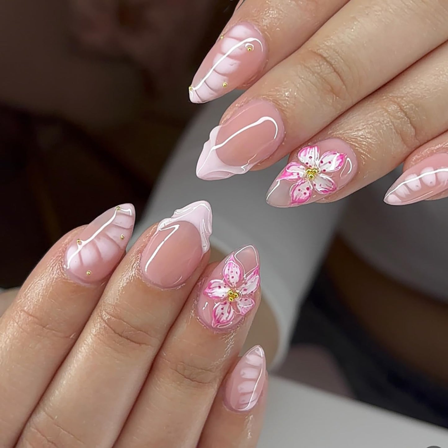 3D Blueberry Flower Press-On Nails - Medium Almond Shape with Pearl & Gold Beads | Reusable Glossy Blue French Tips for Summer Parties