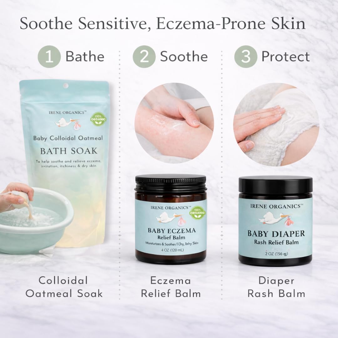 Irene Organics Baby Skincare Complete Routine Bundle – Colloidal Oatmeal Bath Soak, Eczema Relief Balm, Diaper Rash Balm & for Sensitive Skin, Newborns, Infants & Toddlers