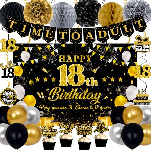 Black Gold 18th Birthday Decorations Set for Boys - 52pcs