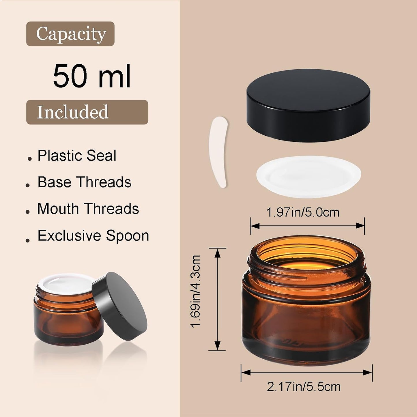 Amber Glass Jars - 45 Pack 2oz Small Lotion & Cosmetic Containers | Travel Jars with Lids & Mini Spoon