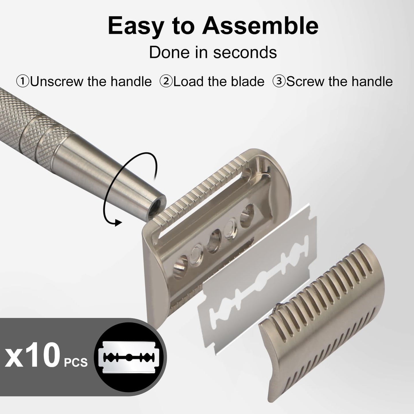 Double Edge Safety Razors for Men, Single Blade Razor, Stainless Steel Reusable Metal Razor, with 10 Platinum Coating Double Edge Blades, Smooth Close Gentle Shave, Plastic Free, Zero Waste, Silver