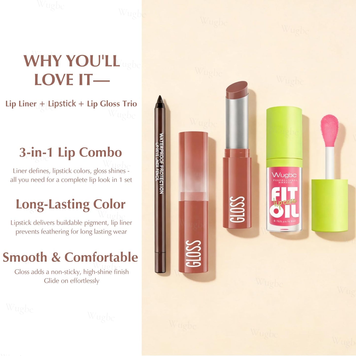 Wugbc 3PCS Lip Combo, High-Shine Lip Kit with Matte Brown Lip Liner & Red-Brown Nourishing Lipstick & Nude Glossy Lip Gloss, Long-Lasting Lightweight Non-Sticky Plumping Lip Contour Trio Set for Women