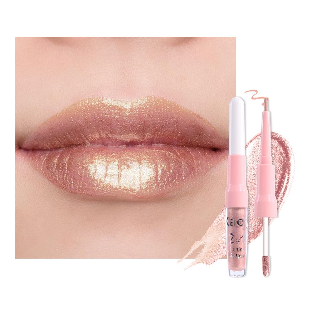 Dark Purple Red Metallic Glitter Lip Liner & Lipstick Combo - Long Lasting Waterproof Liquid Lipstick Set for Women | Iridescent Shine, Non-Stick Cup