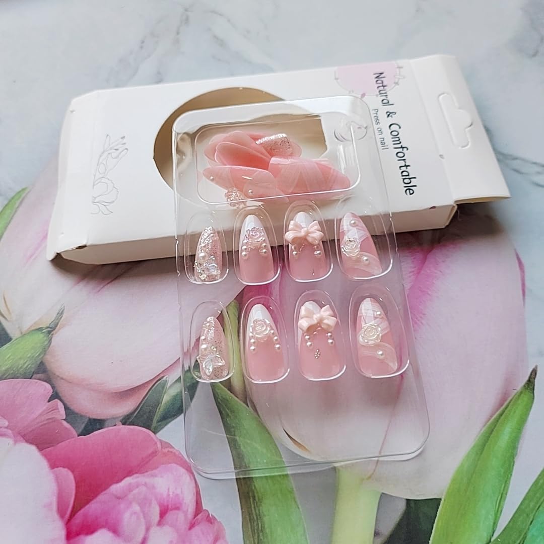 Pink Press-On Nails - 24 Pcs Short Almond White French with 3D Pearl Bow & Butterfly Design | Full Cover Acrylic Nail Art Tips for Women