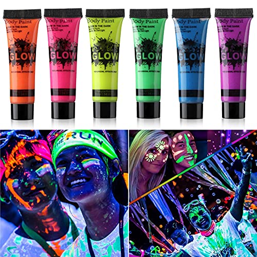 Glow in the Dark Body Paint Set - 6 Neon Colors for UV Use