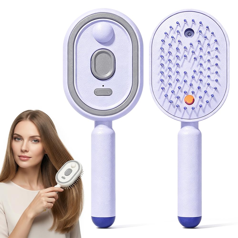 Electric Steam Brush for Hair, 2026 New Rechargeable Hair Straightener Brush with Detangling Comb, Water Spray Hair Brush for Both Long & Short Hairs (Purple)