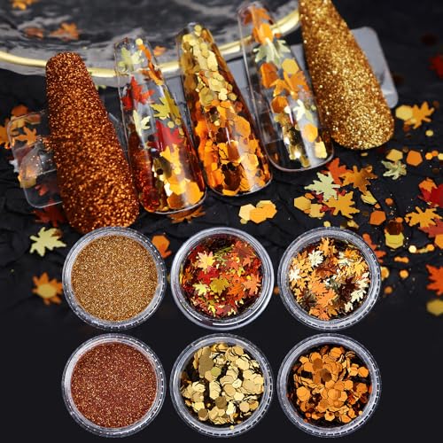 LPOODDNU Fall Gold Nail Art Glitters 6 Jars Autumn Leaves Nail Decorations