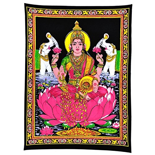 Goddess Lakshmi Cotton Tapestry Wall Hanging - 42" x 32"