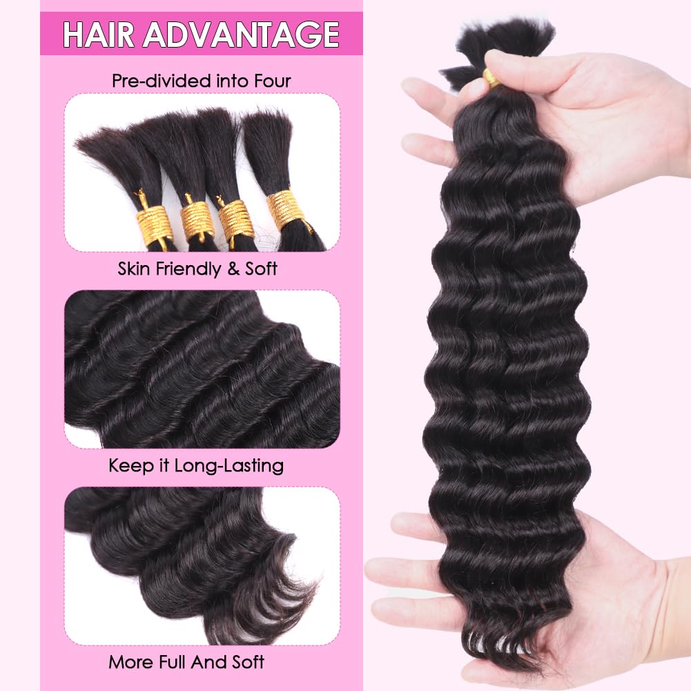 Deep Wave Bulk Human Hair for Braiding 1 Bundle 80g Brazilian Virgin Curly Human Hair Extensions for Boho Braids Wet and Wavy Braiding Hair No Weft (Natural Black Color, 18 Inch-80g)