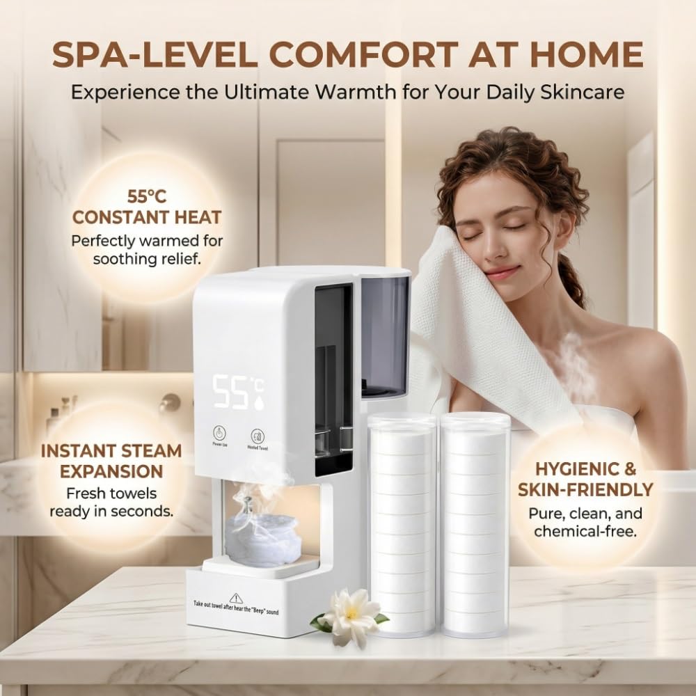 Hot Face Towel Dispenser, 5-Second Heating,55°C Constant Temp,Automatic Disposable Hot Towel Dispenser for Spa, Salon,Hotel, Bathroom(40Pcs Towels)