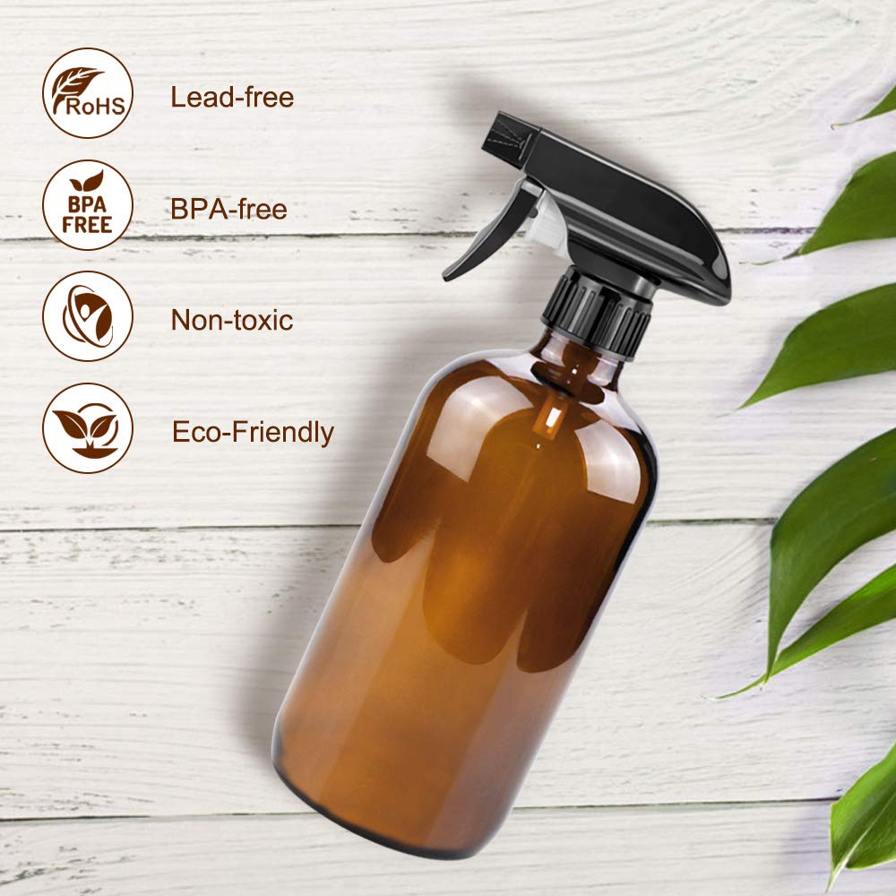 Glass Spray Bottles Set - 16oz & 4oz Refillable Containers with Adjustable Nozzle for Cleaning, Gardening, Aromatherapy | Amber