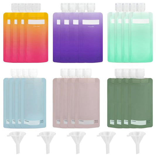 Diakey 24 Pack Travel Pouches for Toiletries, TSA Approved, 3oz Leak Proof Travel Size Containers, Empty Refillable Liquid Pouches with 5 Funnels for Shampoo Lotion, 6 Colors