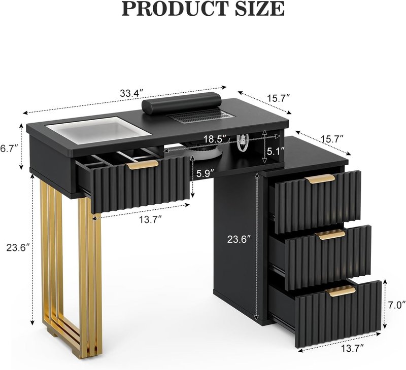 Manicure Table - Glass Top Nail Desk for Beauty Salon | Electric Downdraft Vent, Storage Drawers, Black & Gold Design