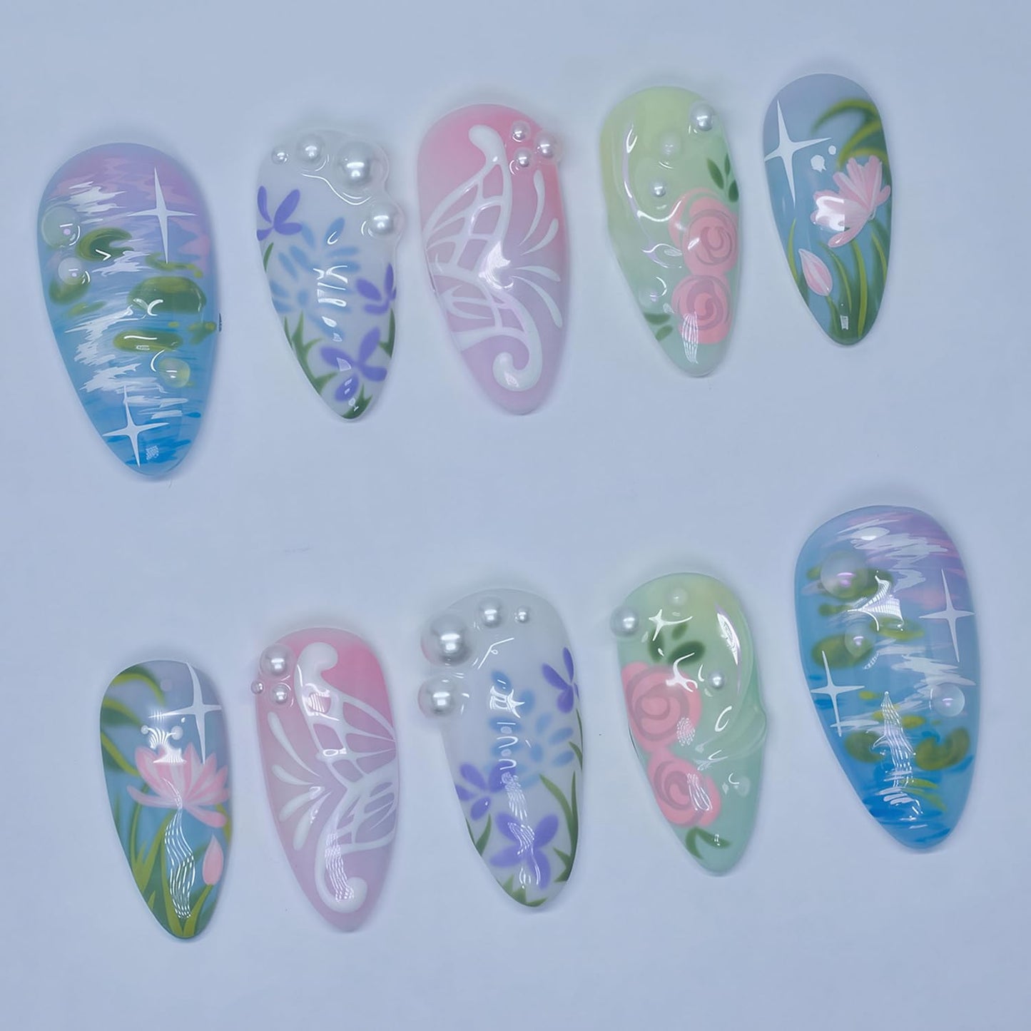 30Pcs Summer Press-On Nails - Medium Almond 3D Lemon French Tip Acrylic Nails | Full Cover Floral Design