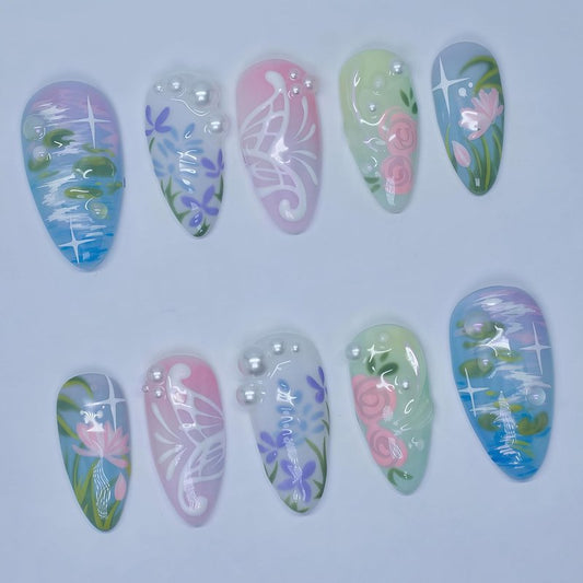 30Pcs Summer Press on Nails Medium Almond Fake Nails with Pearl Designs Pink Spring Flower Acrylic Nails Summer Lotus Pond, Lotus Flower False Nail Butterfly Full Cover Stick on Nails for Women