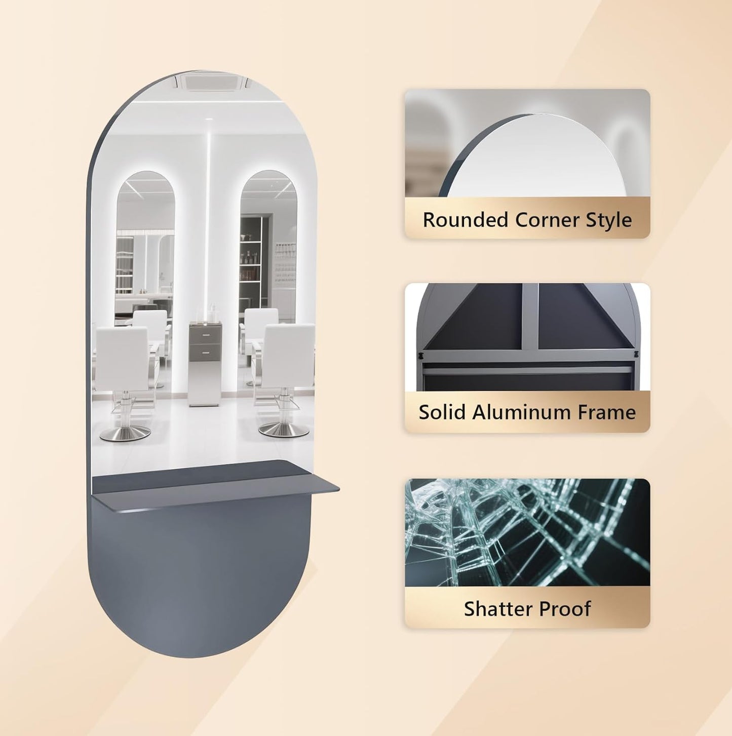 Full Length Wall Mount Mirror - Large Metal Makeup Mirror with Shelf | 69" for Salon, Barbershop, Spa, Bedroom, Bathroom