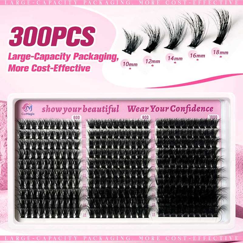 COLMAGIC Faux Mink Eyelash Clusters 60D, 80D, 100D Mix - 10-18mm D Curl, 300Pcs